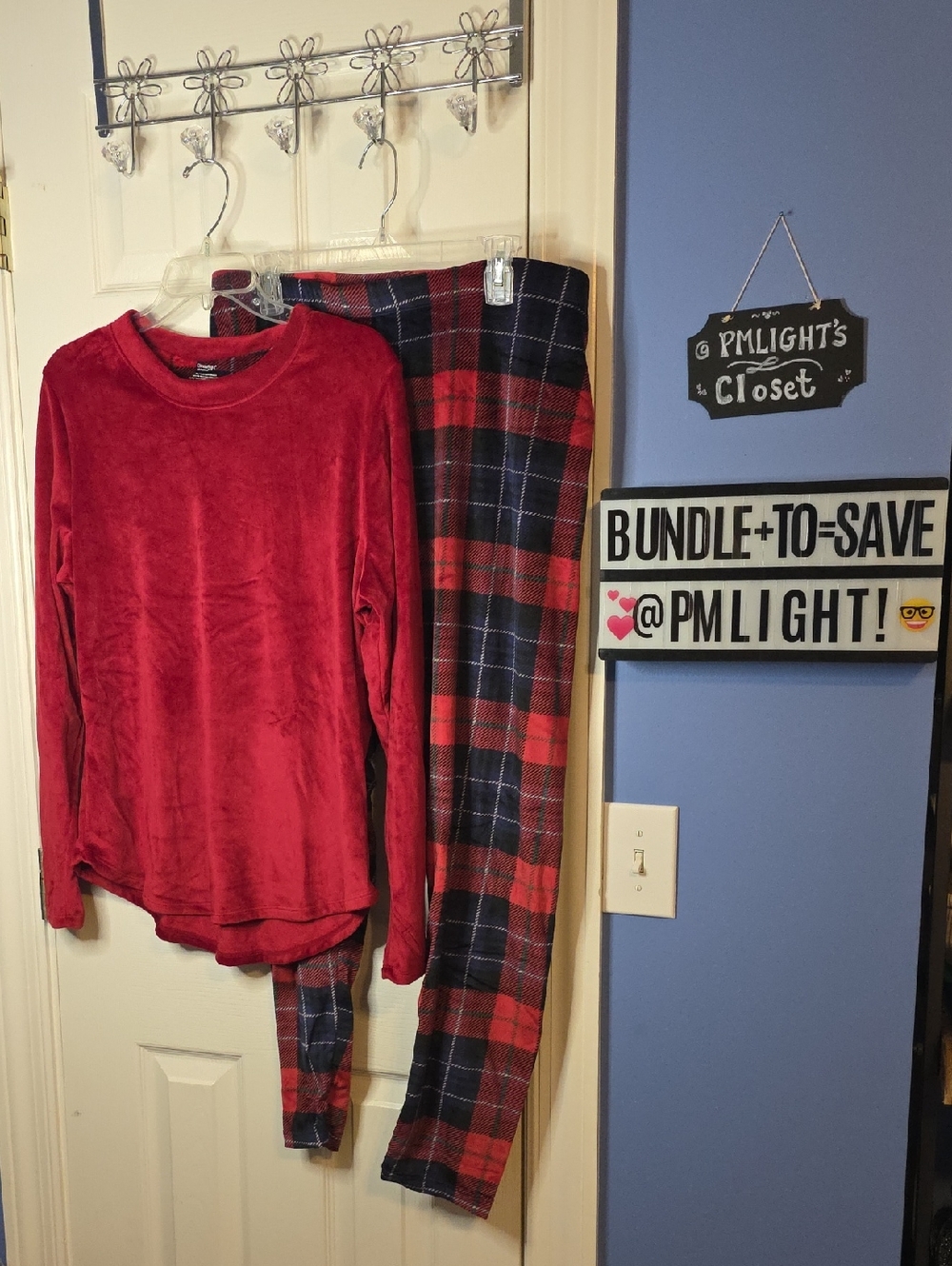Climate Rite by Cuddl Duds Cozy Velvet XL Red & Navy Plaid Sleepwear Set